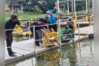 Rozaini (kanan) melepaskan ikan patin sempena pertandingan Cuti-Cuti Malaysia Cabaran Tasik MAEPS.