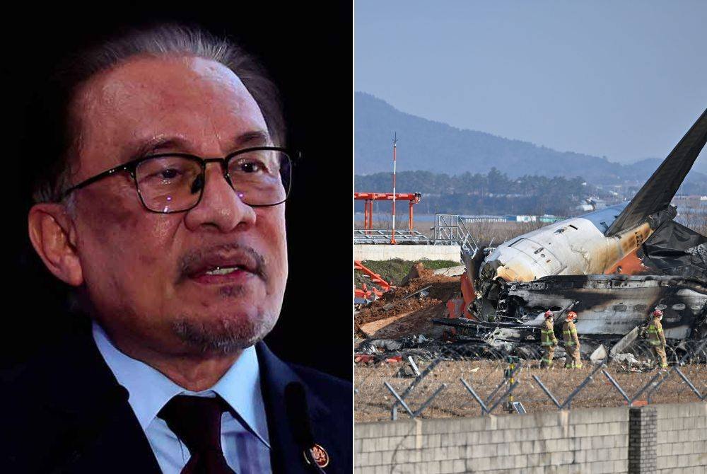 Anwar Ibrahim (kiri), Pesawat Jeju Air yang membawa 175 penumpang, termasuk 173 rakyat Korea Selatan dan dua warga Thailand serta enam kru terhempas ketika cuba mendarat di Lapangan Terbang Antarabangsa Muan. Foto Xinhua