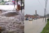 Tangkap layar air deras yang melintasi jalan ke Masjid Panglima Bayu. Gambar kanan: Air naik secara mendadak menyukarkan pemandu melintasi jalan di Kampung Panglima Bayu pada Ahad.