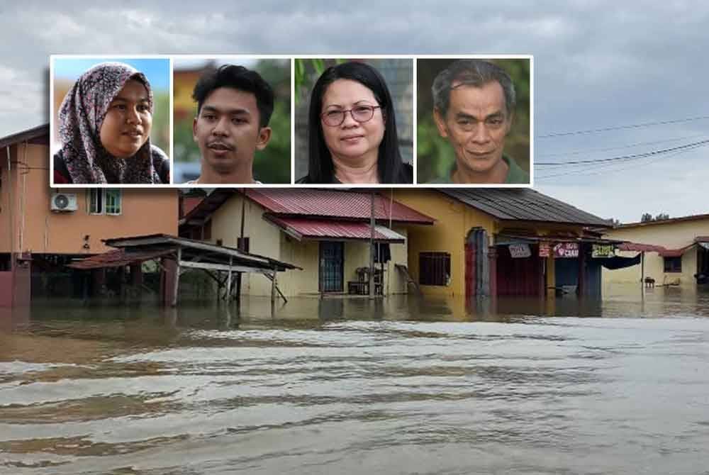 Keadaan rumah penduduk di Kampung Meranti, Pasit Mas yang ditenggelami air banjir. Gambar kecil dari kiri: Nurul Atikah, Kraivit, Chu len, dan Isram