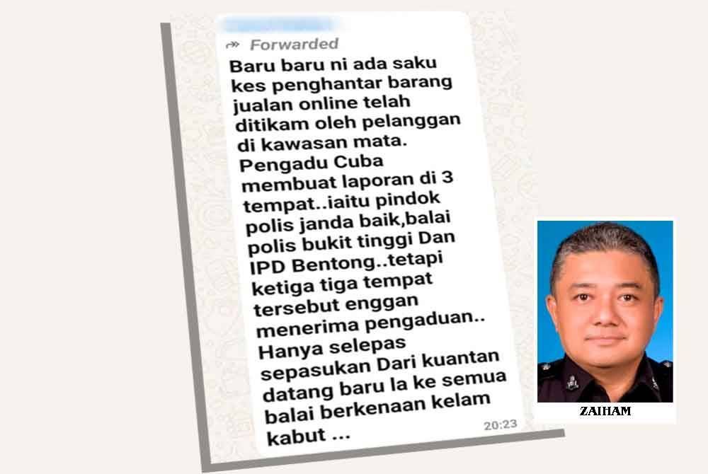 Tangkap layar Whatsapp dakwaan Polis Bentong enggan menerima laporan berhubung perselisihan faham antara penghantar barang dan pelanggan hingga menyebabkan kecederaaan yang tular di media sosial.