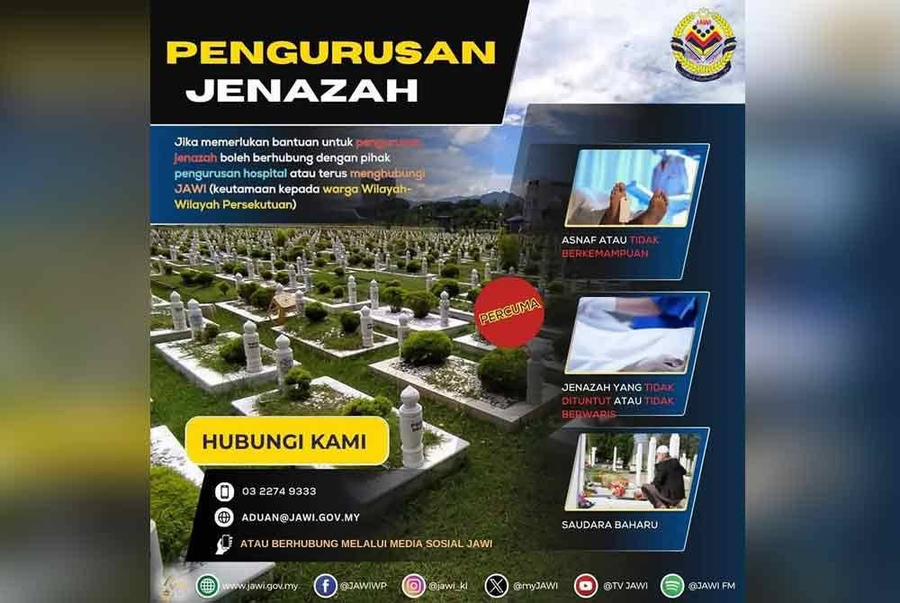 Jawi menyediakan perkhidmatan pengurusan jenazah secara percuma bagi golongan asnaf, tidak berkemampuan, jenazah tidak dituntut atau tidak berwaris serta saudara baharu. Foto FB Mohd Na&#039;im