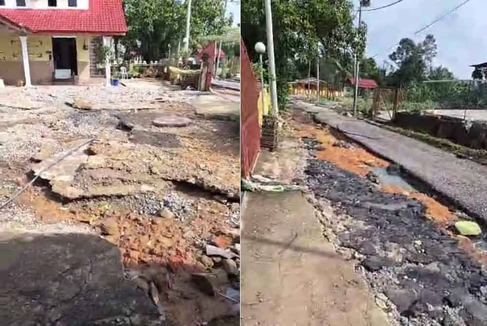 Kawasan parkir dan jalan di belakang masjid rosak teruk selepas diterjah air laju pada Ahad.