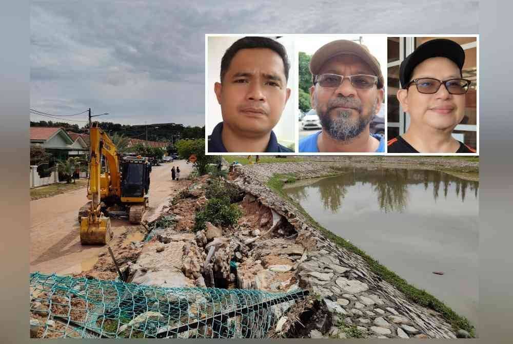 Benteng pecah menyebabkan limpahan air dari kolam takungan masuk ke Taman Seri Alam. Gambar kecil dari kanan: Mohd Syukri, Mohamed Sulaiman, Shamsudin