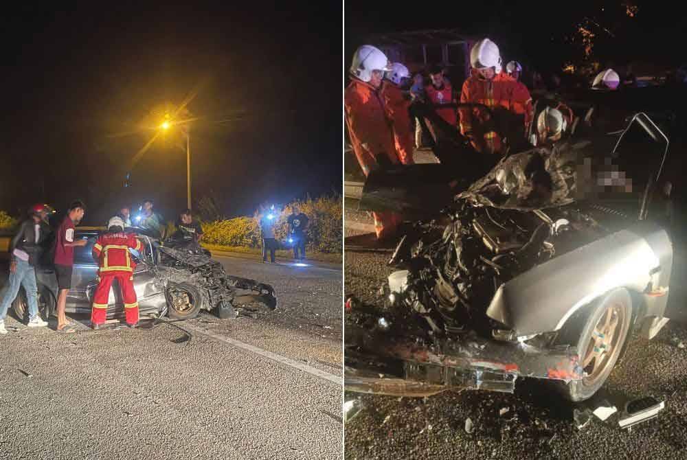 Keadaan Proton Wira dipandu mangsa setelah terlibat kemalangan dengan sebuah pacuan empat roda di KM 63, Jalan Kota Bharu - Kuala Terengganu dekat Chalok Kedai, di Setiu malam tadi. Foto Bomba