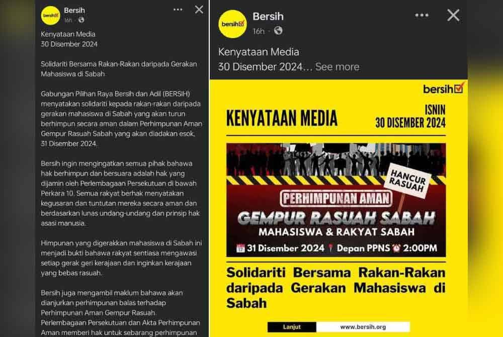 Tangkap layar kenyataan Bersih menerusi Facebook pada Selasa.