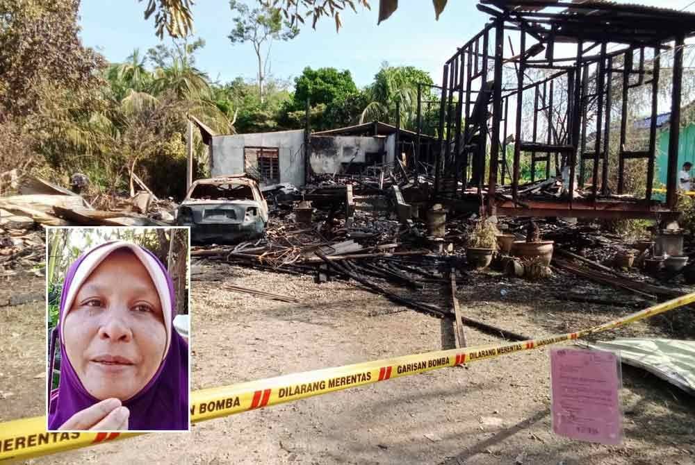 Keadaan rumah pusaka yang didiami enam beranak musnah dalam kebakaran. Gambar kecil: Norasikin