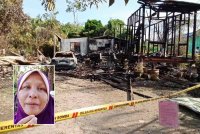 Keadaan rumah pusaka yang didiami enam beranak musnah dalam kebakaran. Gambar kecil: Norasikin