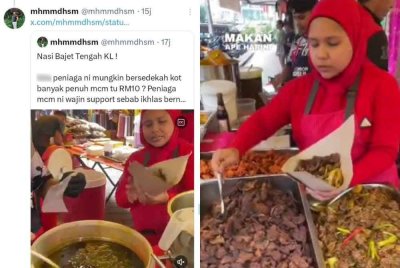 Video tular memaparkan nasi dipenuhi daging dan paru goreng, sayur, sambal serta ulam dengan sebungkus kuah kari dijual pada harga RM10.