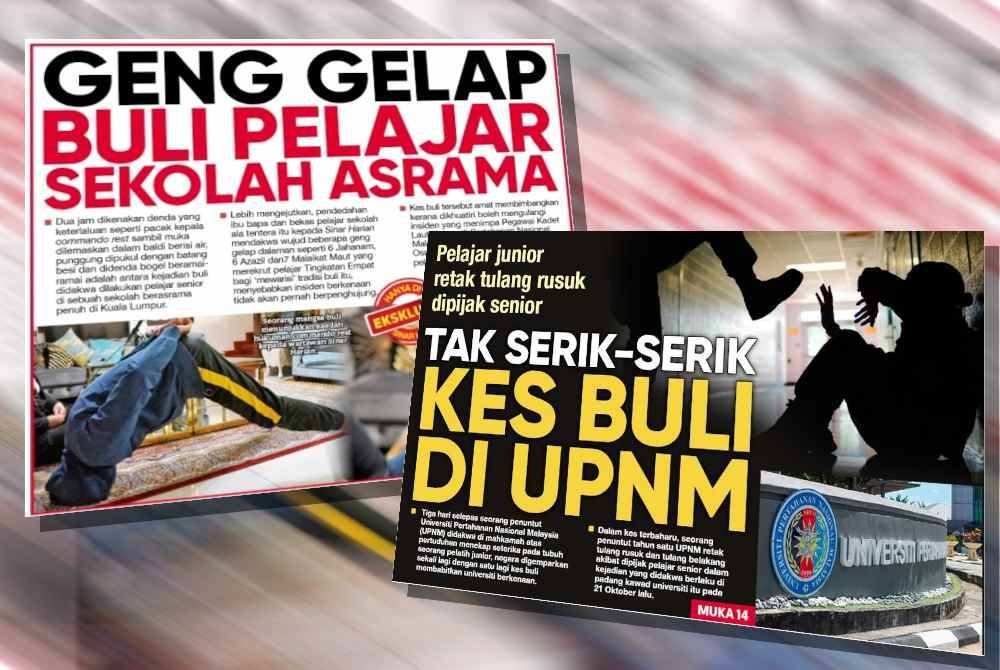 Laporan muka depan Sinar Harian mengenai kes buli membabitkan pelatih Tahun Satu UPNM yang mengalami keretakan pada tulang rusuk dan tulang belakang.