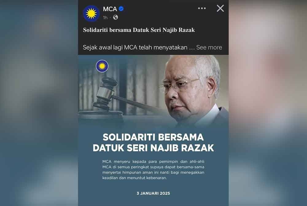 Tangkap layar kenyataan MCA menerusi hantaran di Facebook pada Jumaat.