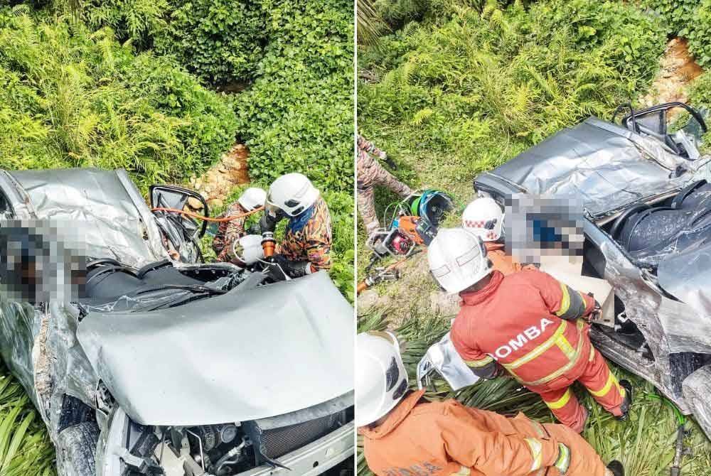 Anggota bomba mengeluarkan mangsa yang tersepit dalam kemalangan itu di Kilometer 152, LPT berhampiran Felda Nerek pada Sabtu. Foto JBPM