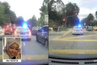 Tangkap layar video &#039;dashcam&#039; di TikTok menunjukkan polis peronda mengiringi Alya sewaktu jalan raya sesak.