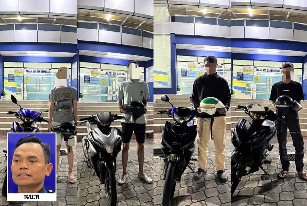 Empat penunggang motosikal ditahan dalam operasi khas, pada awal pagi Sabtu. Foto IPD Johor Bahru Selatan. 