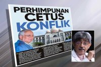 Laporan muka depan Sinar Ahad berhubung himpunan solidariti buat Najib. Gambar kecil: Mohamed Haniff