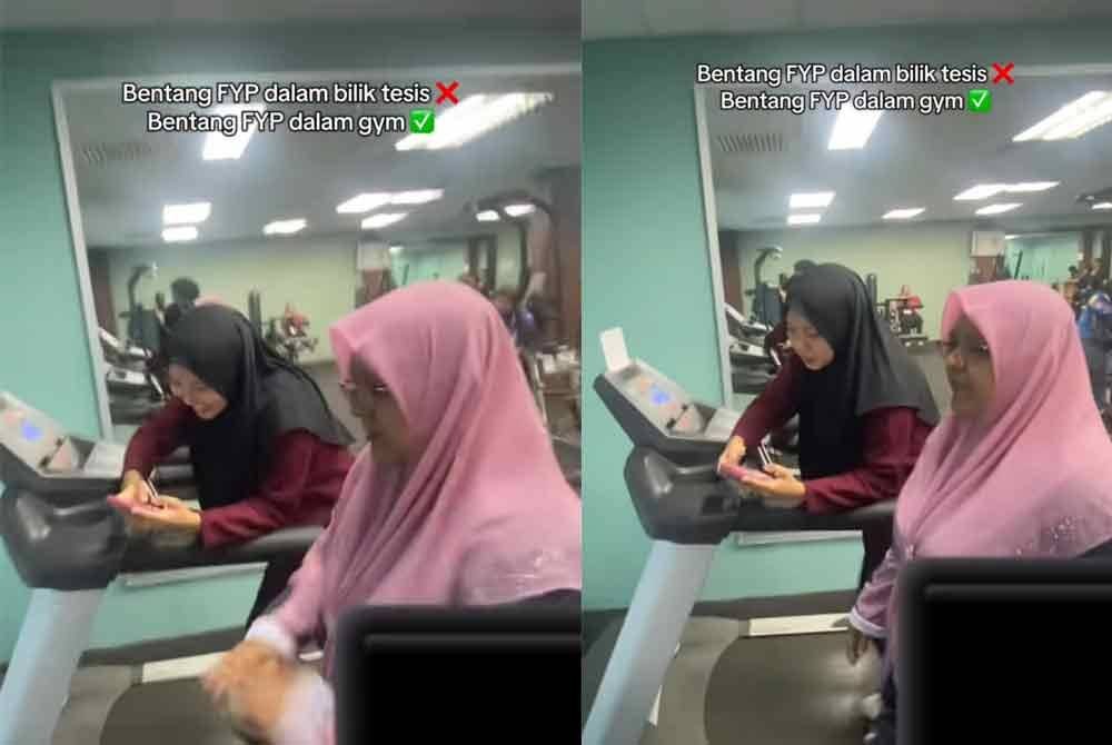 Tangkap layar rakaman video di TikTok @nurhidayahyy yang memaparkan mereka membincangkan projek akhir tahun di gimnasium.