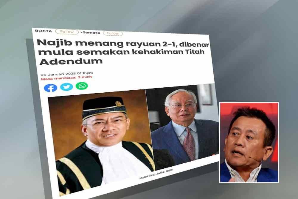 Laporan Sinar Harian mengenai Najib dibenar memulakan prosiding semakan kehakiman Titah Adendum. Gambar kecil: Tun Faisal