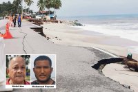 Sebahagian laluan jalan raya di pantai Kampung Tanjung dekat Batu Rakit runtuh dibadai ombak besar dalam kejadian minggu lalu.