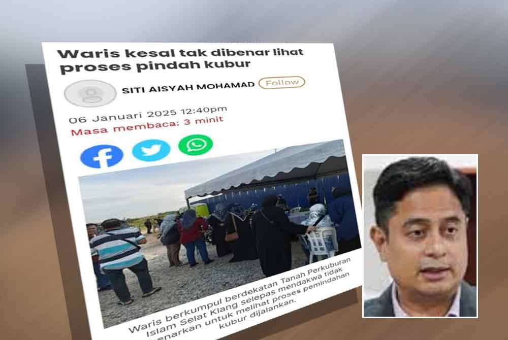 Keratan laporan Sinar Harian pada Isnin berkaitan proses pindah kubur. Gambar kecil: Mohammad Fahmi