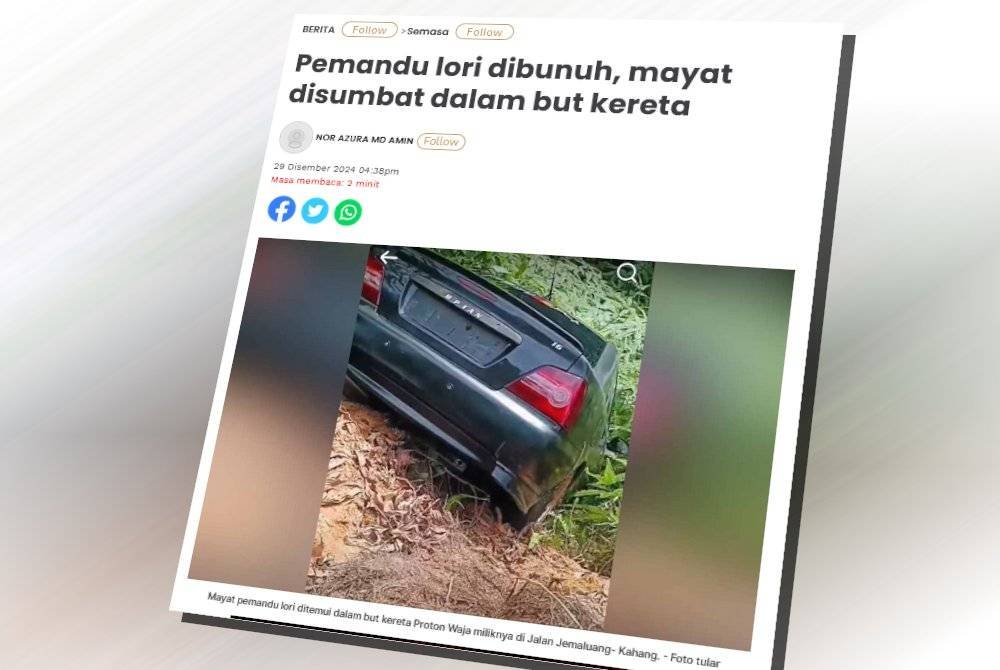 Laporan Sinar Harian berhubung penemuan mayat seorang lelaki di dalam but kereta di KM26 Jalan Jemaluang-Kahang pada 28 Disember lepas.