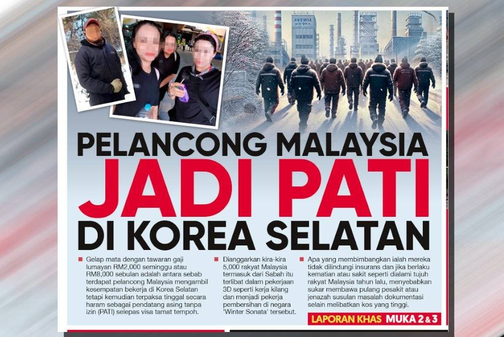 Laporan muka depan Sinar Harian pada Khamis melaporkan mengenai isu pelancong Malaysia jadi PATI di Korea Selatan. 