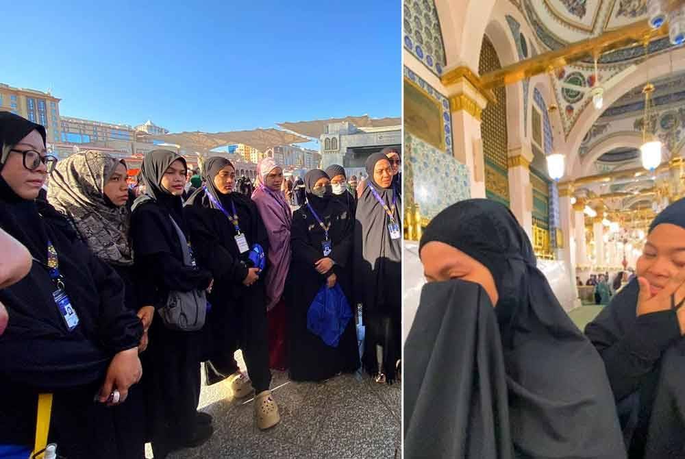 Peserta Program Umrah Percuma Anak Muda Jati Kelantan anjuran Andalusia Travel & Tours Sdn Bhd dengan kerjasama Masjid Imanul Fa&#039;izin mendengar taklimat daripada pengiring sebelum masuk ke Raudah. Gambar kanan: Nur Fatihah (kiri) tidak dapat menahan sebak apabila dapat melangkah ke Raudah dan melihat makam Rasulullah S.A.W lebih dekat.