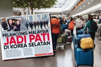 Laporan muka depan Sinar Harian pada Khamis mengenai isu pelancong Malaysia jadi PATI di Korea Selatan. 