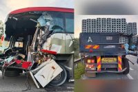 Keadaan bas persiaran dan treler yang terlibat dalam kemalangan di kilometer (KM) 27.0, Lebuhraya Utara Selatan (PLUS), arah selatan awal pagi tadi.- Foto: BBP Kulai