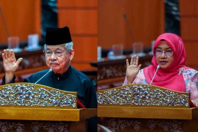 Rosni (kanan) dan Shamsuddin mengangkat sumpah jawatan sebagai Ahli Dewan Negara (Senator) bagi tempoh sepenggal, berkuat kuasa pada Khamis. Foto Bernama