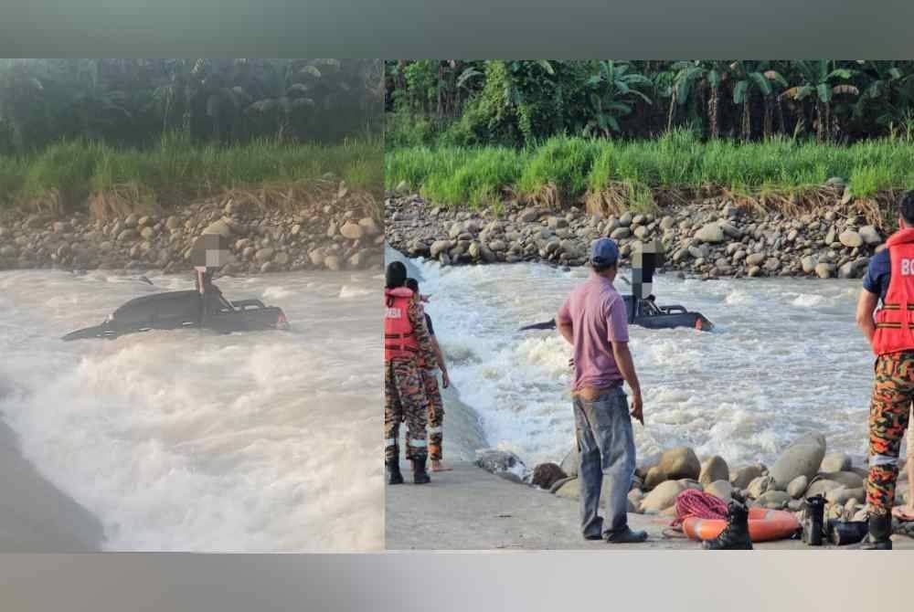 Pemandu bertindak memanjat bumbung pacuan empat roda selepas kenderaan tersebut hanyut dibawa arus ketika menyeberang jalan konkrit untuk pulang ke rumahnya dalam kejadian di Kampung Sungai Simpangan, Kota Marudu.