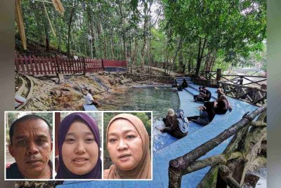 Kolam air panas sedia ada yang digunakan pengunjung lelaki dan wanita di La Hot Spring. Gambar kecil: Mohd Azmi, Nurul Asyikin, Zahani Akima Farha