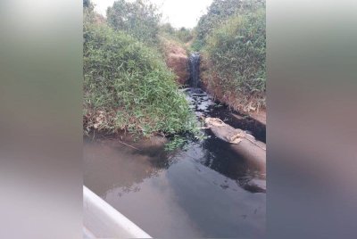 Air berwarna hitam, berbuih dan mengeluarkan bau busuk seperti bangkai yang mengalir ke Sungai Skudai berhampiran Kampung Sepakat Baru. Foto Facebook Marina Ibrahim