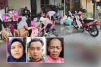 Penduduk membersihkan peralatan rumah apabila dibenarkan pulang seketika sebelum pulang semula ke PPS. Gambar kecil dari kiri: Hadiah, Muhammad Aziq, Abd Aziz