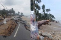 Jalan Pantai Kampung Tanjung, Batu Rakit, di sini runtuh dan alami kerosakan selepas dibadai ombak besar. Foto kanan: Ramlah menunjukkan keadaan sebahagian tanah telah runtuh akibat dibadai ombak besar.