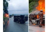 Seorang lelaki maut selepas kereta dipandu terbakar selepas terbabit kemalangan di jalan Bandar Utama Gua Musang petang Isnin. Foto pembaca