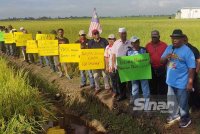 Ahmad Mustain (kanan) bersama-sama pesawah berhimpun secara aman di Parit 6 Timur di sini bagi menggesa kerajaan mengekalkan harga padi.