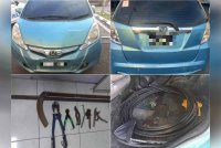 Kereta Honda Jazz, peralatan serta kabel yang dirampas dalam kes berkenaan. Foto ihsan polis