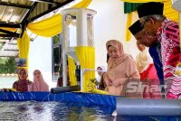 Tengku Anis (kiri) berkenan mencemar duli merasmikanMajlis Perasmian Rumah Ternak Ikan An-Nisa&#039; di Masjid D&#039;Raja Tengku Aziza Tengku Hamzah sambil diperhatiankan oleh Tengku Ahmad Badli Shah (kanan) pada Khamis. FOTO: SINAR HARIAN