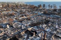 Pemandangan dari udara rumah-rumah yang musnah dalam kebakaran dengan Lautan Pasifik kelihatan di kejauhan Pacific Palisades, California. Foto Agensi