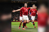 Maguire meledak jaringan United ketika menentang Leicester di Old Trafford. Foto Agensi