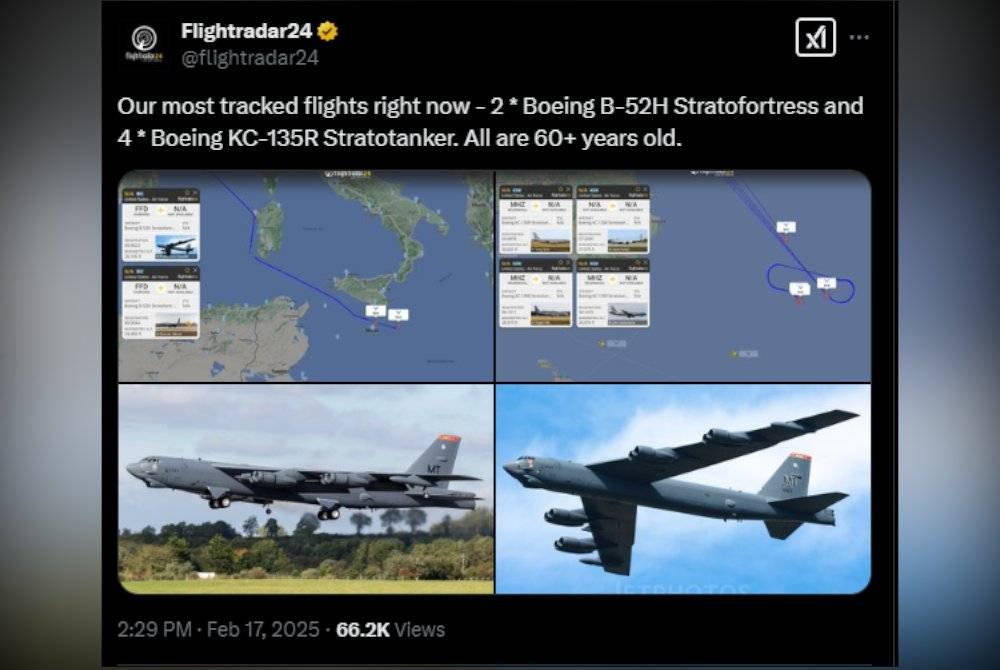 Flightradar24 menerusi catatan di platform X menunjukkan laluan skuadron terdiri daripada enam pesawat pengebom Tentera Udara AS. Foto Agensi